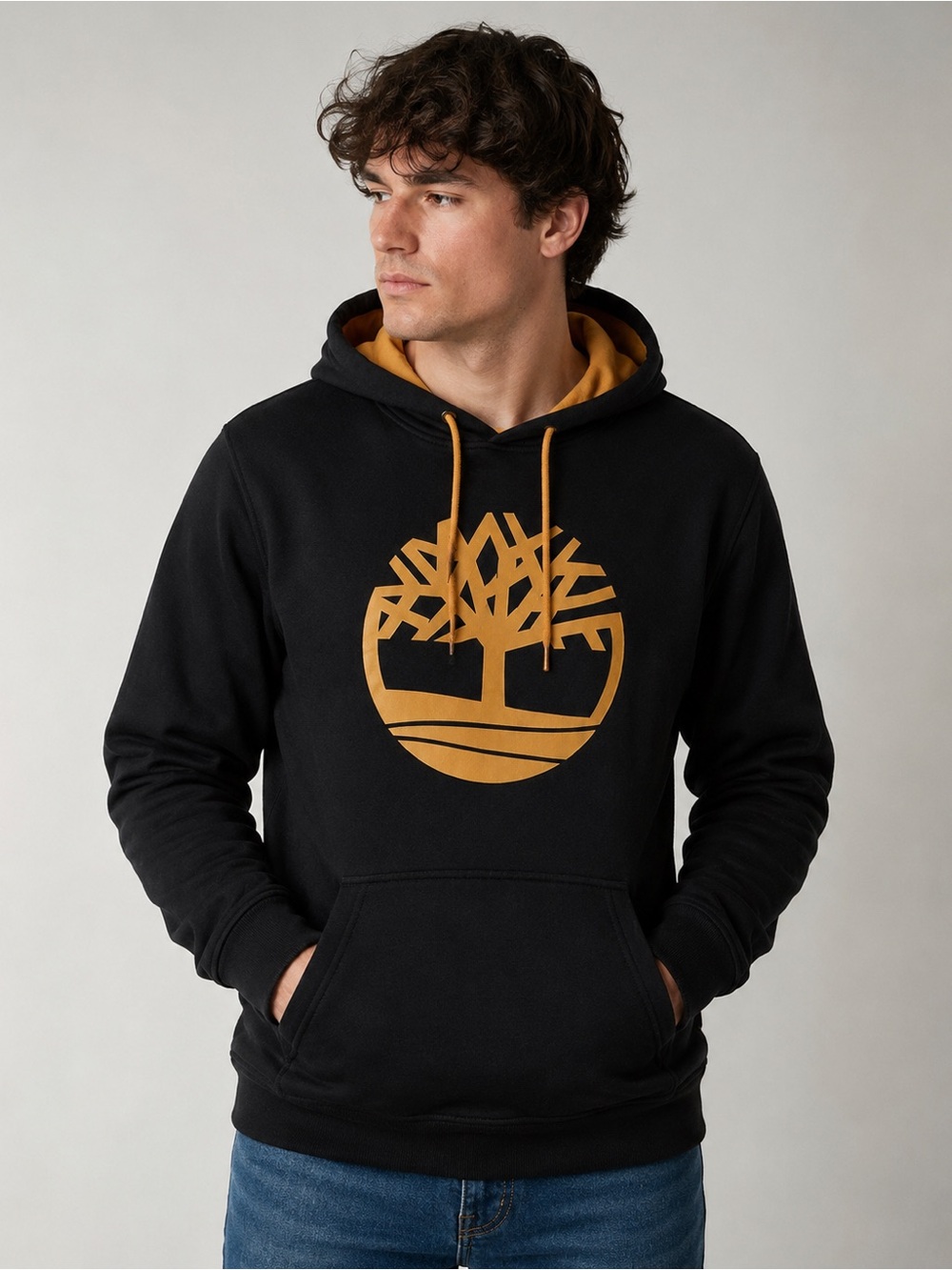 Timberland Black Hoodie with Mustard Logo & Lined Hood